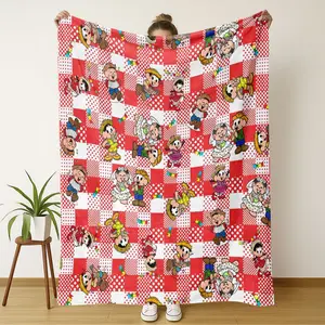 Childish Cartoon Plaid Mario Flannel Throw Blanket, Lightweight Warm Living Room & Bedroom Essential, Comfortable Soft Home Decor Choice