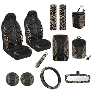 Leopard Print PU Leather Car Seat Cover Full Set | Waterproof Stain-Resistant Universal Fit for Cars Trucks SUVs, Upgrade Your Ride with Bold Wild Style, Complete Interior Accessory Kit Trendy Car Decor Kit with Steering Wheel Cover