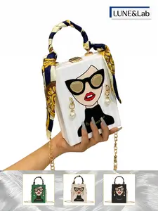 Unique Design Fashion Square Box Bag, Cute Cartoon Girl Gold Chain Handbag, Street Style Personality Accessory, Elegant Scarf Shoulder Bag
