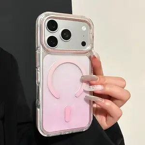 Simple transparent gradient magnetic case suitable for IP17promax, with hollowed-out large window design, elevated protective border, anti-slip strips, and anti-drop features, compatible with IP16/15promax outdoorfun
