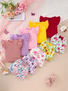 Baby Girl Casual Set, Rose Sunflower Print, Soft Comfortable Fabric, Sleeveless Bow Top Shorts, 10 Piece