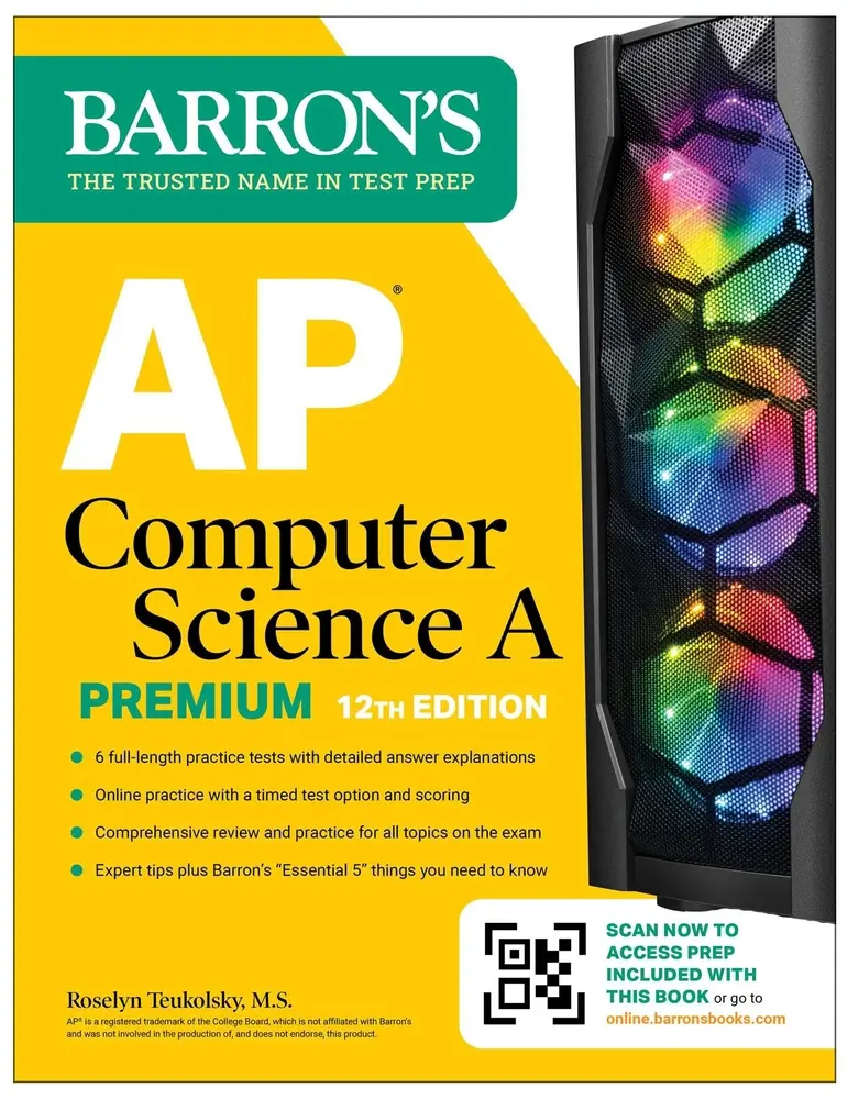 Used Barron's AP Computer Science A Premium 12th Edition English Prep Book - 6 Practice Tests, Comprehensive Review, Online Practice, Detailed Answer Explanations for Exam Day by Roselyn Teukolsky (Paperback), Online Practice With Timed Test Option