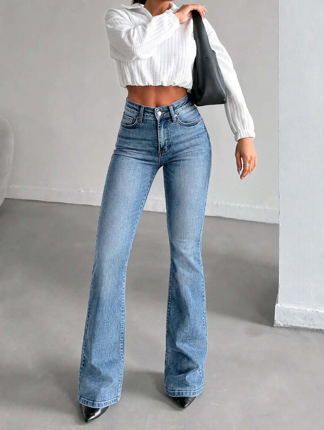 Women's Mid-Waisted Stretchy Wide Leg Ankle Bootcut Vintage Denim Pants with Pockets, Womenswear Bottom Pull-On Jeans