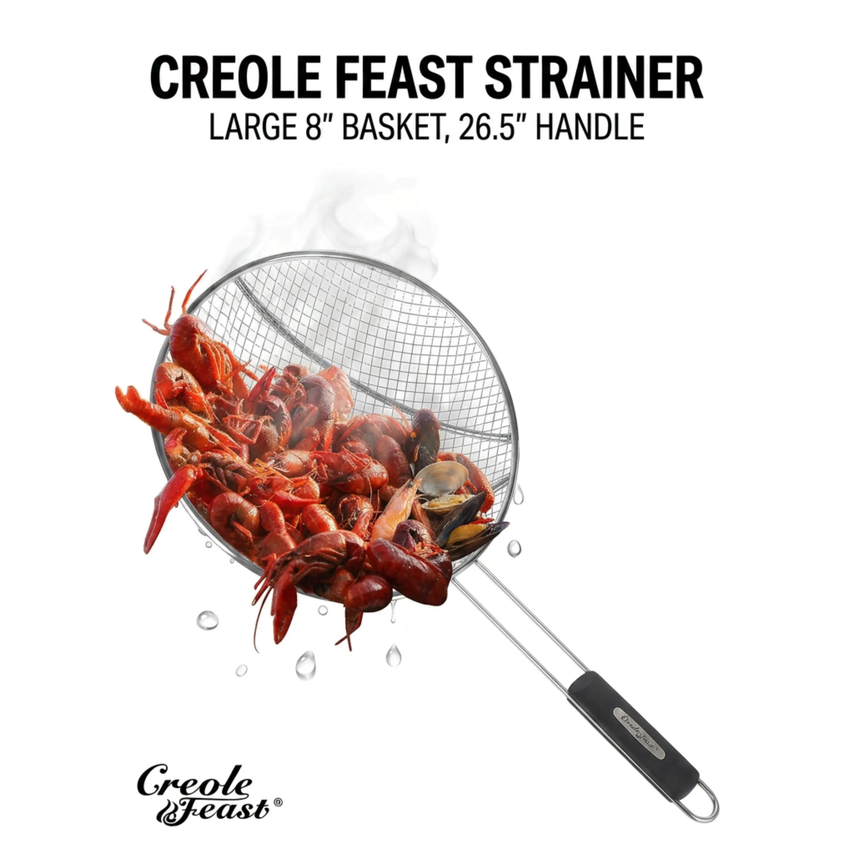 Creole Feast SKM3602 36-Inch Stainless Steel Skimmer, Large Wire Mesh Strainer Scoop with Long Handle, Heavy Duty Crawfish Ladle for Seafood Boil & Outdoor Cooking, Silver