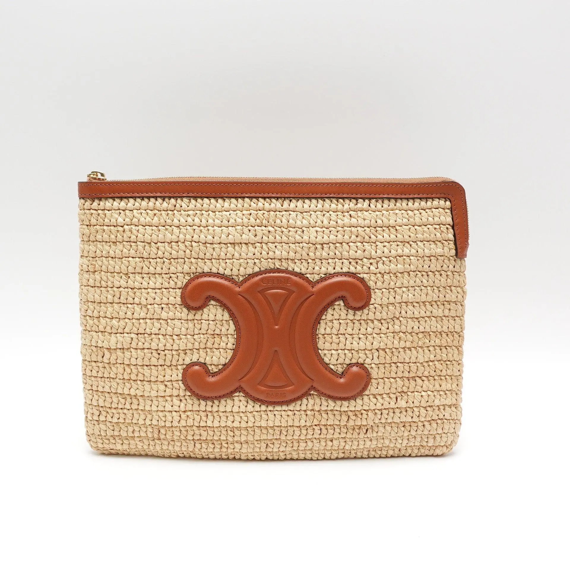 Pre-owned Celine Raffia with smooth calfskin trim Clutch pouch Raffia Triomphe Clutch with Calfskin Trim T10465277