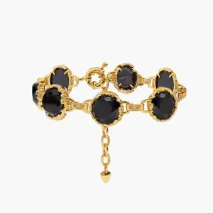 en route Midnight Quartz Bracelet in Gold, Faceted Black Zircon with Claw Bezel, High-Shine Ribbed Texture Links, Elevated Bold Look, Perfect for Night Out or Dinner