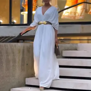 Women's V-neck half sleeved pleated jumpsuit for Valentine's Day, comfortable, soft, elegant women's wedding dress and wedding guest outfitRAIMENTRY