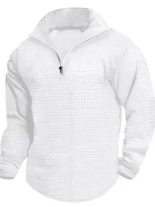 Men's Solid Color Textured Half Zip Up Sweatshirt, Regular Fit Casual Comfy   Long Sleeve Stand Collar Pullover for Spring & Fall, Fashion Men's Top for Daily Wear