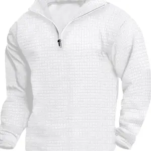 Men's Solid Color Textured Half Zip Up Sweatshirt, Regular Fit Casual Comfy   Long Sleeve Stand Collar Pullover for Spring & Fall, Fashion Men's Top for Daily Wear