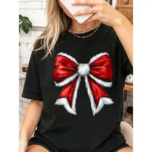 Bow Christmas Victorian Bow Santa Red Print T-Shirt Casual Crew Neck Short Sleeve Comfort Tee Top For Spring & Summer Women's Clothing