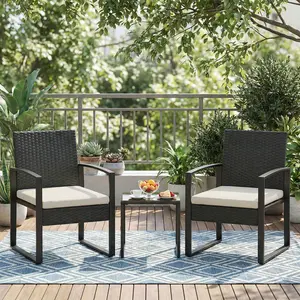 3-Piece Patio Bistro Set Outdoor PE Rattan Wicker Furniture with Tempered Glass Table All-Weather Conversation Set for Garden Balcony Backyard