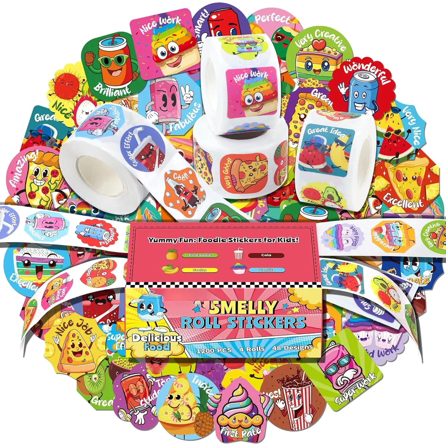 Smelly Roll Stickers for  4 Rolls, 1200 count 4 Scent Scratch and Sniff Stickers  Theme, Positive Reward for Classroom, Portable Drawer Box for Travel, , Airplane
