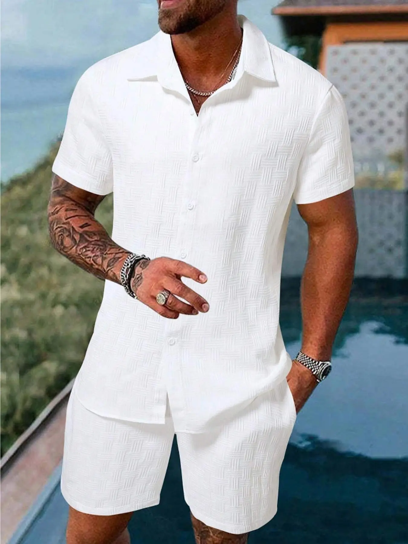Men's 2-Piece Tropical Set, Casual V-Neck Short-Sleeve Knitted Jacquard Shirt with Drawstring Shorts for Summer, Shortsleeve, Clothes, Men's 2 Piece Sets