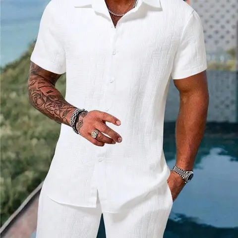Men's 2-Piece Tropical Casual Basic Knitting Set - Stylish V-Neck Shortsleeve Shirt, Breathable Athletic Fitted Drawstring Shorts, Luxe Jacquard Fabric for Summer Menswear