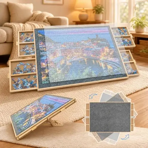 Puzzle Board, Wooden Jigsaw Puzzle Board with Drawers, Portable Puzzle Table with Covers and Lazy Susan, Rotating Jigsaw Puzzle Table for Kids and Adults (1000Pcs)
