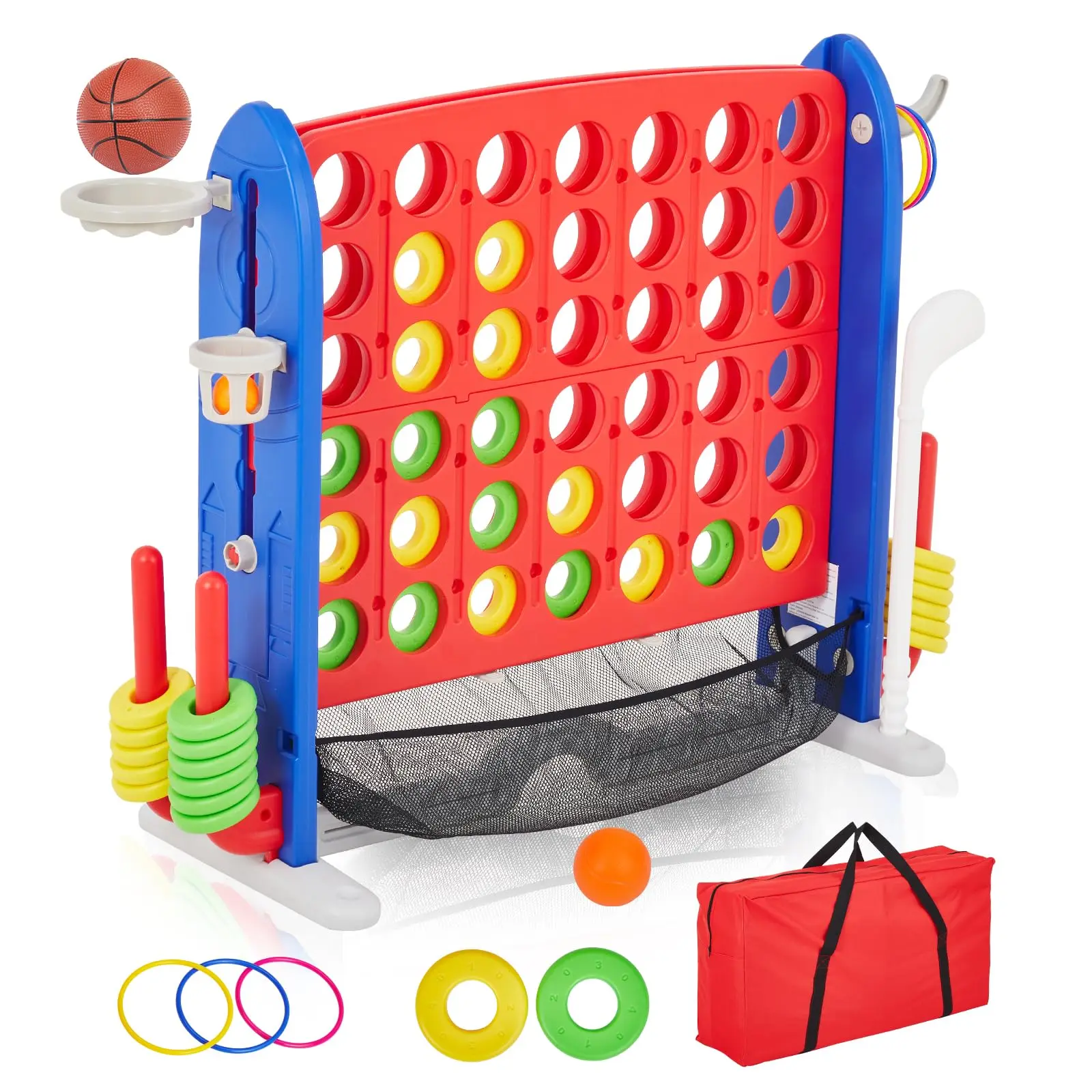 GARVEE Rocket Jumbo Floor Game - Strategy Board Game, 10.2cm In-Row Design, 3-Level Height Adjustable, 4-Point Scoring, Basketball/Golf/Ring Toss, Mesh Fabric, Carrying Bag Included, for Family Fun Celebrations, Strategy Board Games