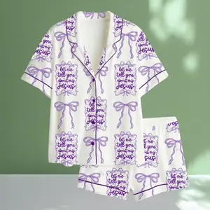 Let Me Tell You About My Jesus Wildflower Boho Bible Verse Blue Bow Short Sleeve Satin Pajama Set#PersonalizedPjs #BambooPajamas #MatchingSets #VintageVibe #PajamaCore