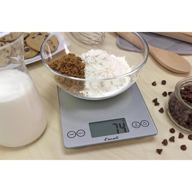 Escali Arti Glass Food Scale Digital Countertop Kitchen, Baking and Cooking Scale with Nutrition and Calorie Counter, 15-Pound Capacity, 9" X 6.5" X .75", Shiny Silver Escali