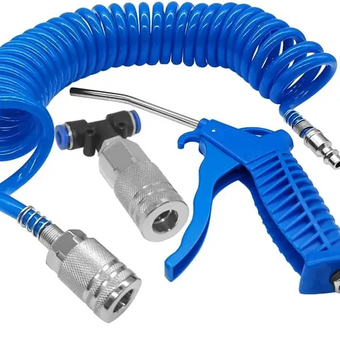Industrial High-Pressure Pneumatic Blow Gun Tool - Blue Steel Construction, 145 PSI Max, Polyurethane & 120mm Steel Nozzles, 16-foot Pneumatic Hose, Air Compressor Compatible, Ideal for General Applications