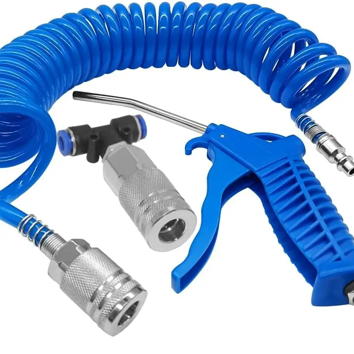 Industrial High-Pressure Pneumatic Blow Gun Tool - Blue Steel Construction, 145 PSI Max, Polyurethane & 120mm Steel Nozzles, 16-foot Pneumatic Hose, Air Compressor Compatible, Ideal for General Applications