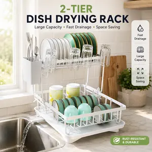 2-Tier Dish Drying Rack with Drainboard - Compact, Double-Decker, Dual-Compartment, Multi-Tiered Draining Boards, Large-Capacity Kitchen Counter Organizer with Utensil Holder, Cup Holders & Spout, Rust-Resistant for Fast Drying, 2-Tier Draining Boards
