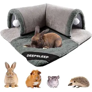 Rabbit Tunnel Bed, Plush Bunny Tunnel Tube with Removable Mat, Hideout Toys for Guinea Pig Rabbit Bunny Chinchilla Kitty Cat, Animal Enclosure