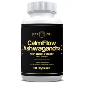 CalmFlow Ashwagandha with Black Pepper - Extra Strength (60 Capsules) for Fitness & Wellness - Supplement by Luxe Piel