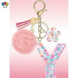 HER-Cute Initial Letter Keychain for Girls Pink Flower Resin Alphabet Keyrings Sequins Flower Bag Charm Pendants