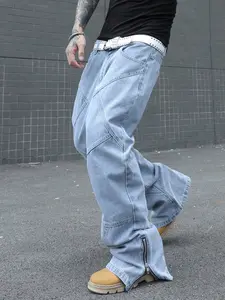 2026 Spring Summer Paris Style Loose Flare Light Washed Blue Denim Jeans, Streetwear Trendy Stylish Vibe Men's Fashionable Trousers, Versatile Casual Wear for Every Occasion Pants, Pocket, Zipper, Menswear