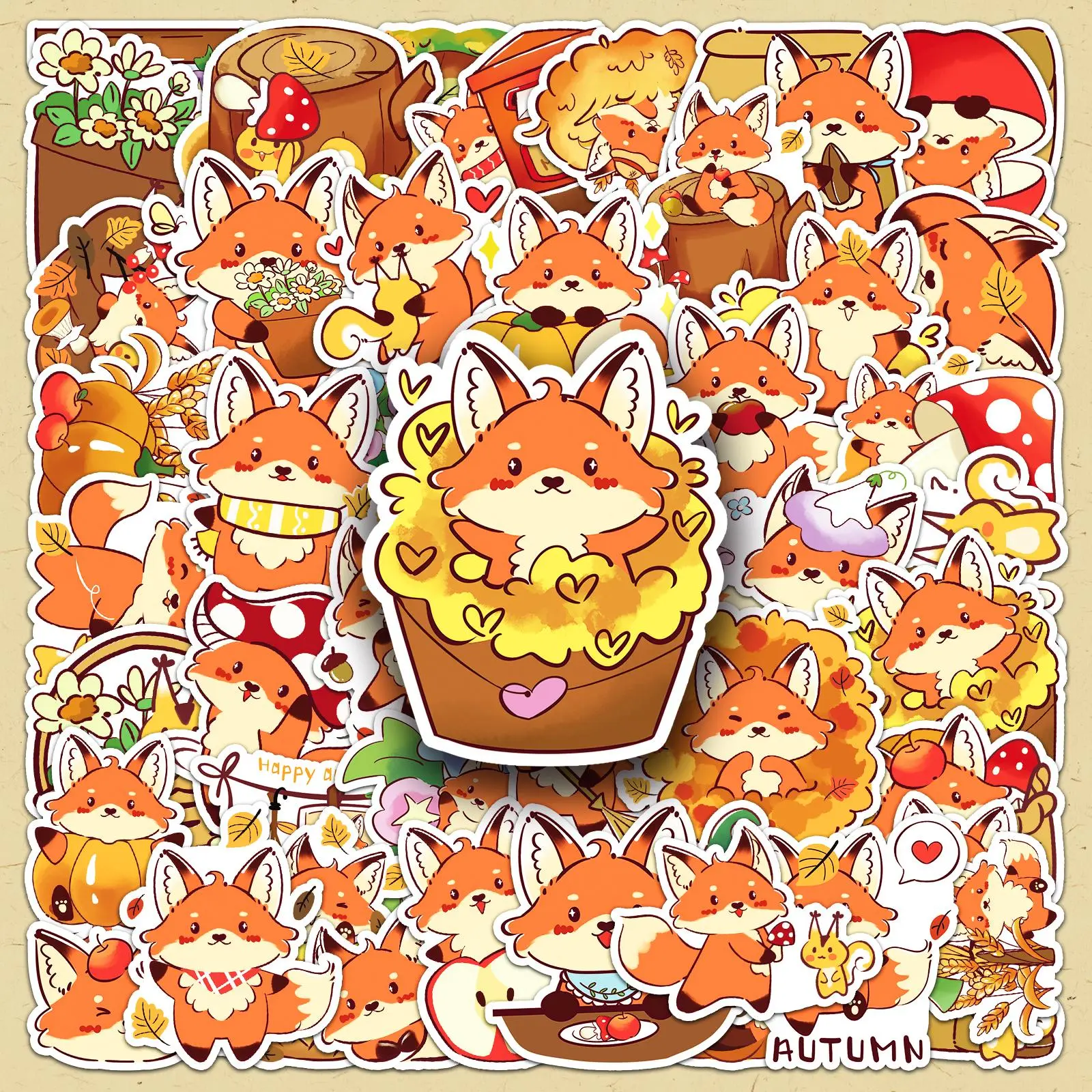 Cartoon Fox Pattern Sticker, 100pcs/set Cute Fox Sticker, DIY Decorative Sticker for Phone Case, Computer, Guitar, Bag, Water Cup, Scrapbook, Funny Stickers