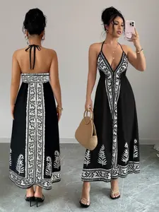Backless Halter Neck Print Maxi Dress, Sexy Loose-Fitting Long Skirt, All-Season Fashionable Clothing, Elegant Printed Design