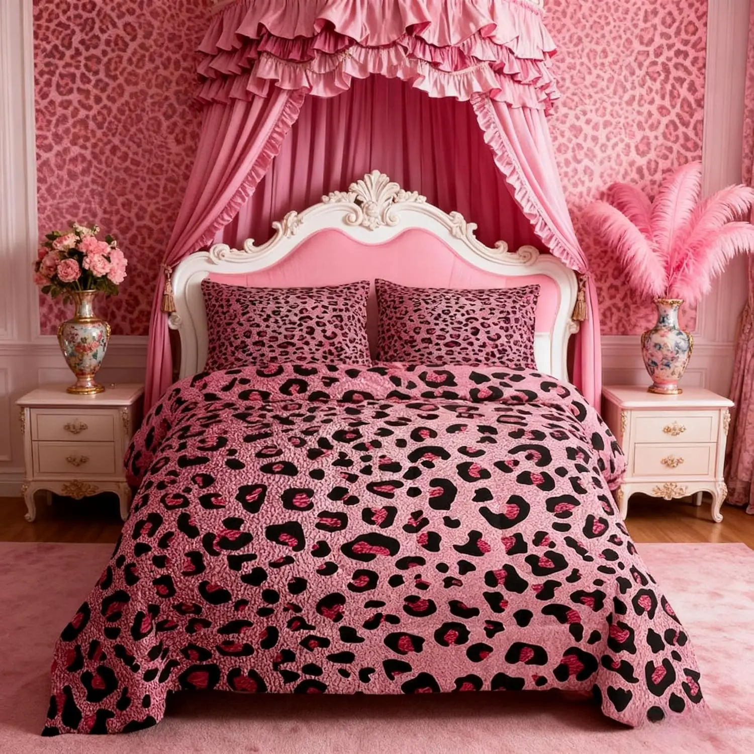 Pink Leopard Print Comforter Set,Cheetah Bedding Set Adults Room Decor,Wild Animal Skin Texture Quilt Set Romantic Fashion Duvet Insert