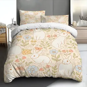 3pcs Cottagecore Bunny Floral Decorative Bedding Set Soft & Breathable - Includes Duvet Cover and Pillowcases, Bedding set king size Perfect for All Seasons, Machine Washable - Ideal Gift for Springtime and Cozy Home Decor
