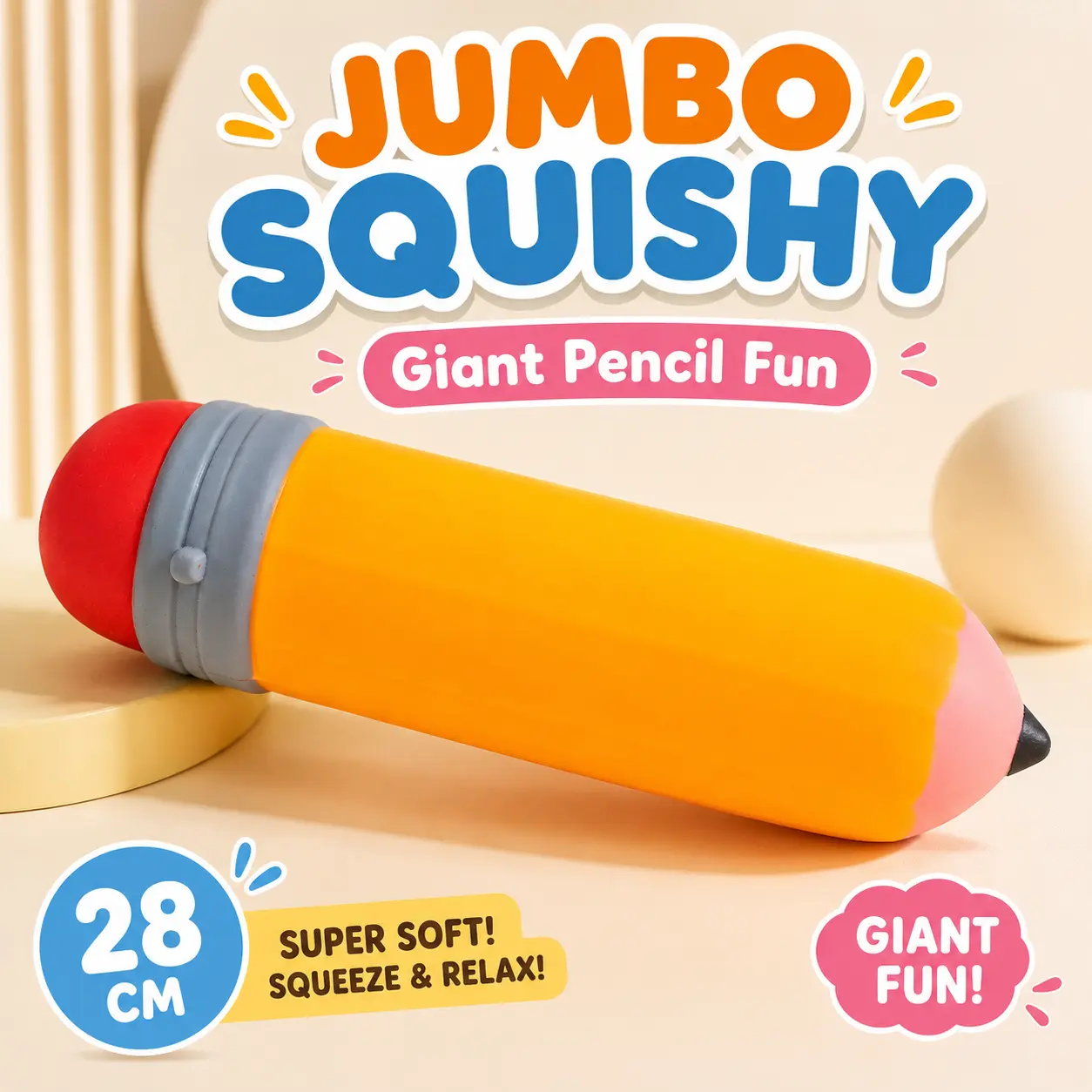 28cm Jumbo Pencil Squishy, Giant Pencil Squeeze Toy with Shaving Cream Filling, Soft TPR Stress Relief Sensory Fidget Toy for Kids and Adults