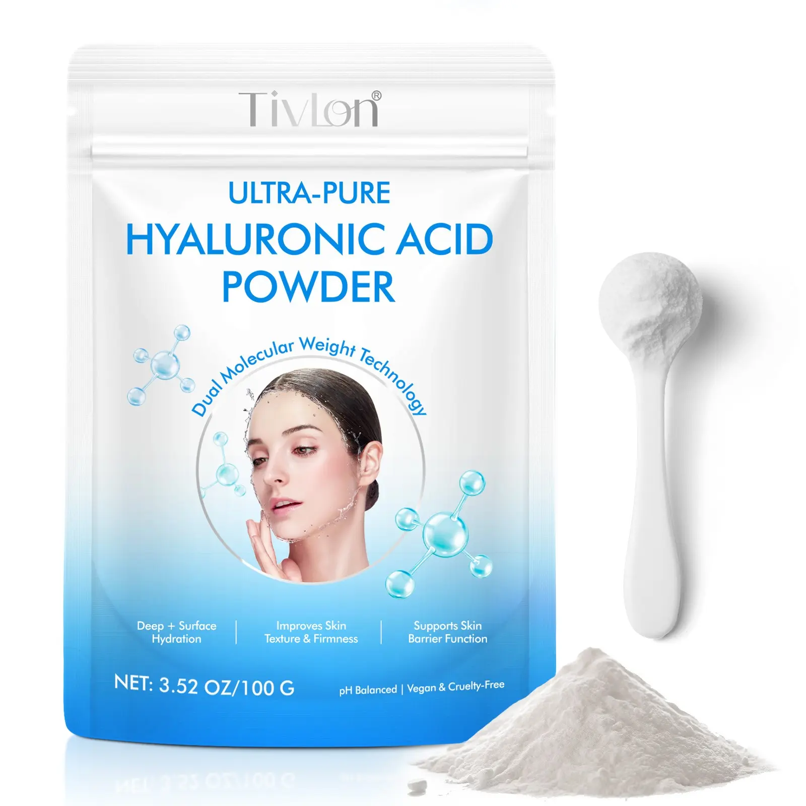 Tivlon Hyaluronic Acid Powder 100g, High Moisture Retention, Gentle Formula, DIY Skincare, Face & Body Care, Suitable for All Skin Types