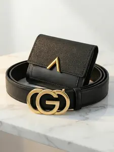 Women's Simple Belt Wallet Set, Mini Multi-Card Slots, Classic Dual Buckle Waistband, Office Wear Essential, Birthday Gift, PU Leather Belts