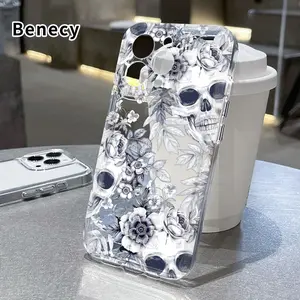 Phone case for iPhone 16 Pro Max 15 Plus 14 13 12 11 XR XS Skull Floral Symphony Non-Yellowing Shockproof Soft Silicone Transparent Cover