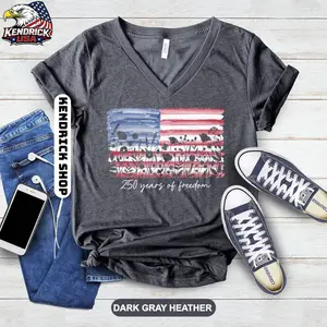 Womens Patriotic V Neck Shirt, 250 Years of Freedom Floral Tee, America 250 Shirt, Fourth of July Wildflower Top, Semiquincentennial VNeck