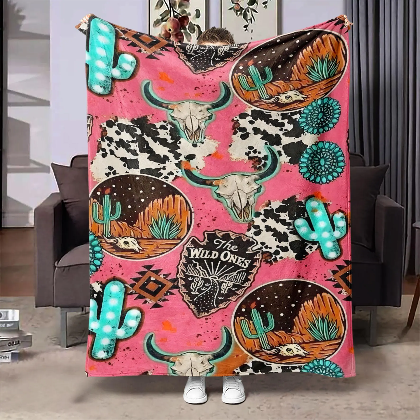 Western Desert Cactus Bullhead Pattern Blanket, Figure Print Blanket, Soft Throw Blanket, Air-conditioned Room Blanket, Warm Nap Blanket for Home Office Travel Camping