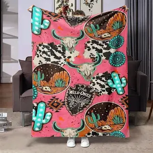 Western Desert Cactus Bullhead Pattern Blanket, Figure Print Blanket, Soft Throw Blanket, Air-conditioned Room Blanket, Warm Nap Blanket for Home Office Travel Camping