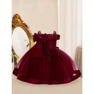New(New)Girls Elegant Flower Embroidered Mesh Splicing Cami Dress, Bowknot Decor Sleeveless Gowns, Baby Girl's Clothing Formal Occasion/Birthday Party/Photography