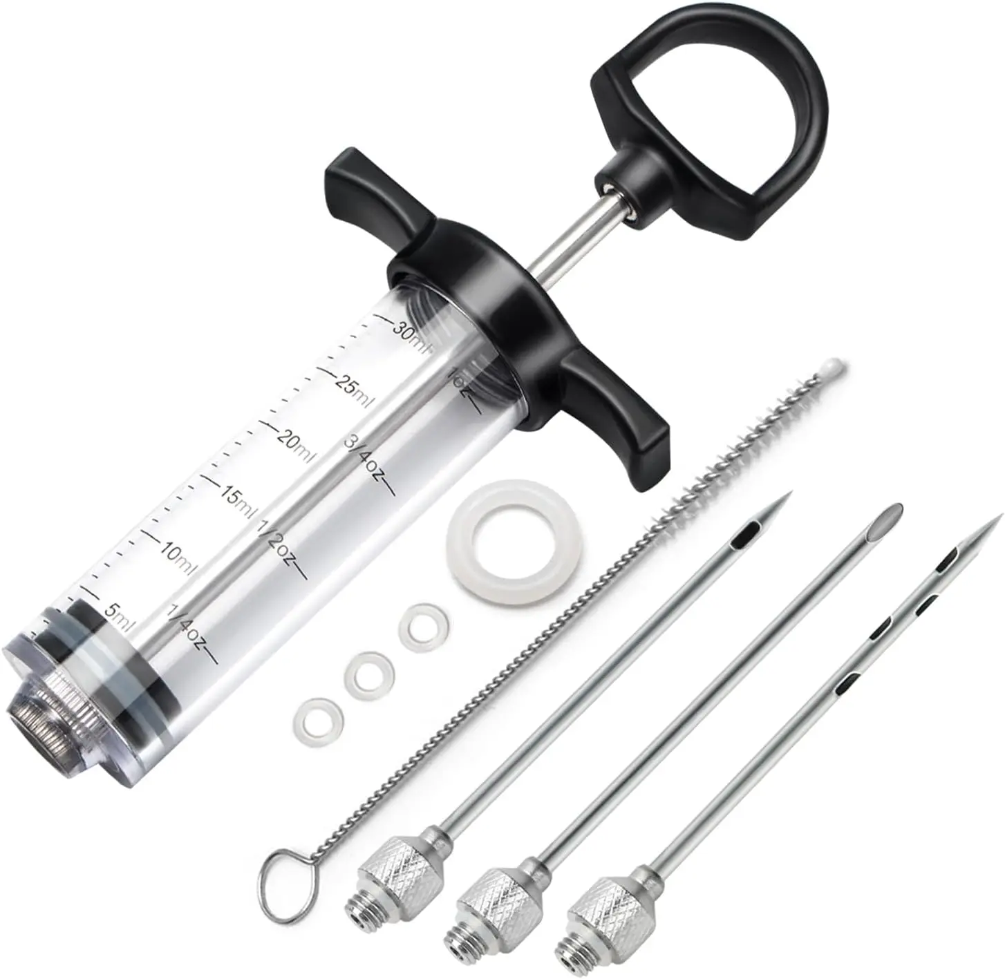Durable Plastic Body Meat Injector Kit with Handle - 1oz Food Syringe, 3 Flavor Needles, Paper Manual, PDF Recipe E-Book, BBQ Cooking Kitchen Utensils for Turkey, Brisket Smoker Marinade Injection