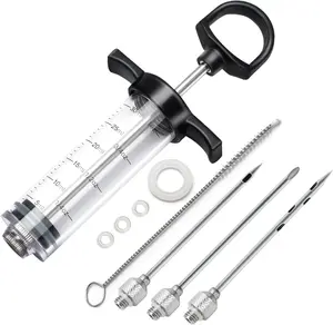 Plastic Meat Injector Kit for Smoker with 3 Flavor Food Syringe Needles Ideal for Injecting Marinade into Turkey Meat Brisket 1-OZ Including Paper User Manual Recipe E-Book PDF