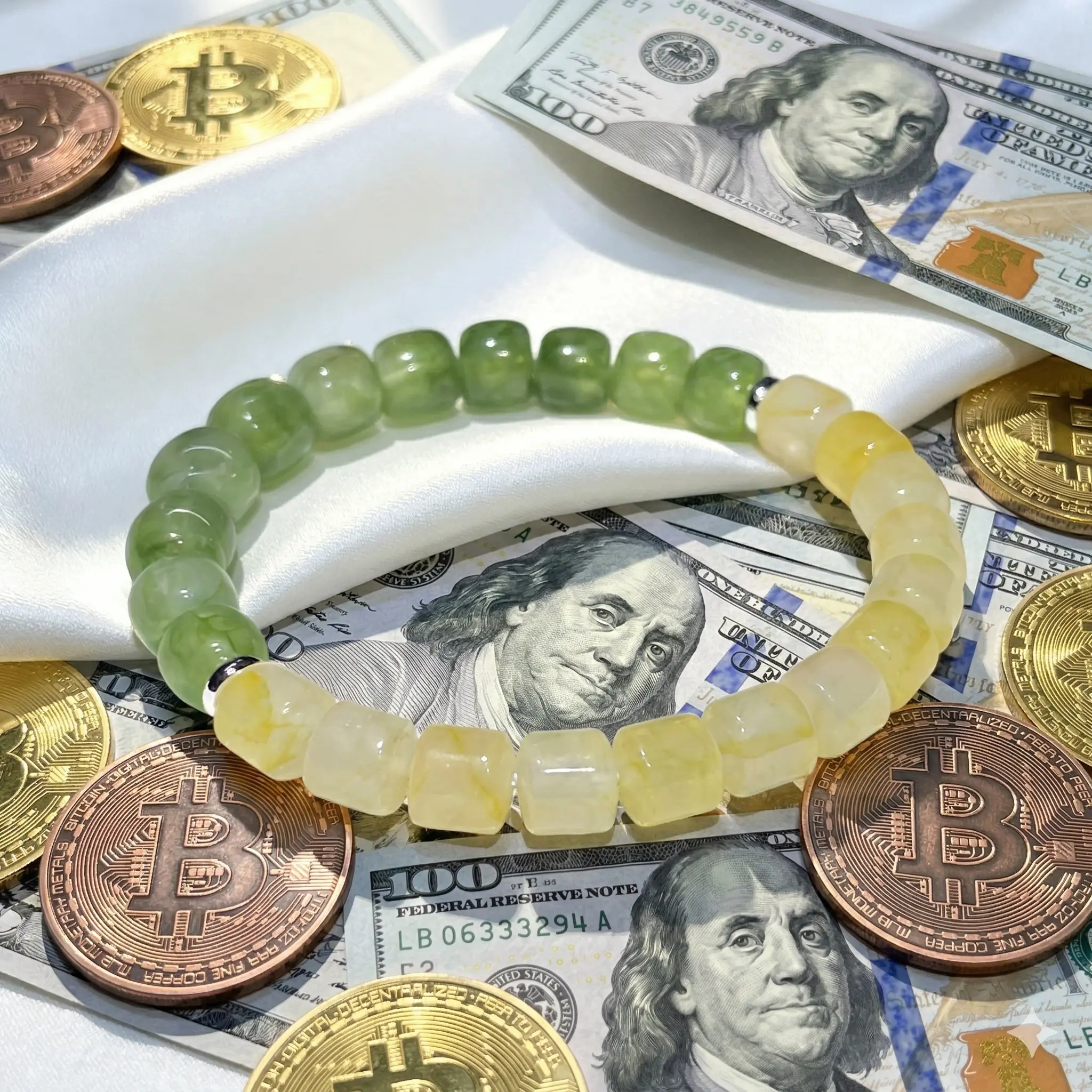 [Free 14K Gold Pendant for First 10]Brazilian football fans bracelet Money Bracelet Natural Citrine Green Phantom Quartz Bracelet, Wealth & Positive Energy Healing Crystal, May Birthstone Beaded Bracelet, Gift for her him