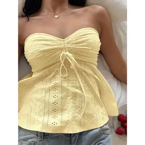 Women Tie Front Ruched Tube Top Strapless Flared Hem Peplum Bandeau Tops embreigh  yellow  top Breathable Chic mystery  style  bundle Fabric Fit Denim Outfit Womenswear Skirts tube top crop tops tube top western outfits women tank tops outfit clothes