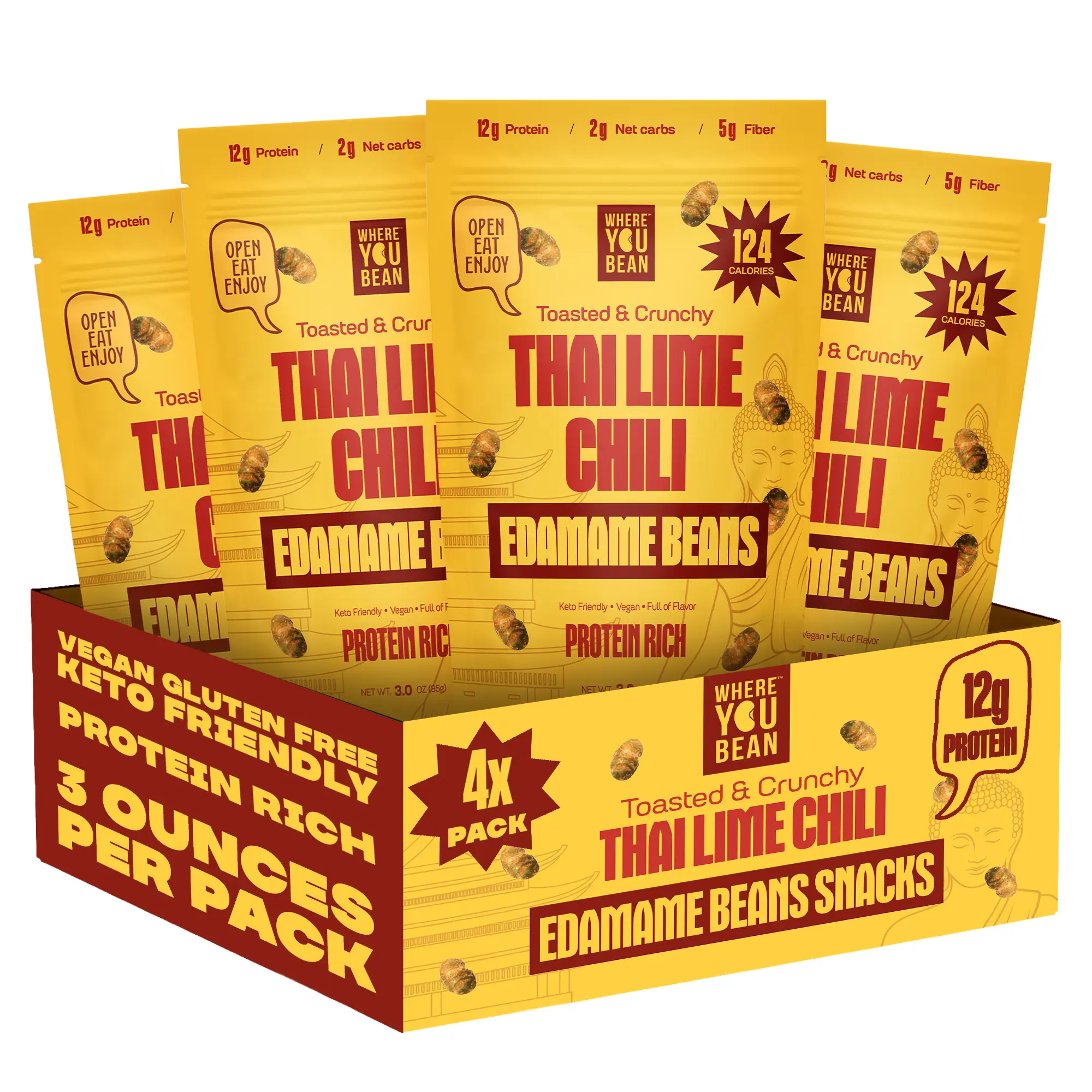 Where You Bean Thai Lime Chili Edamame Snack – Crunchy Asian Bean Snack | Keto, Vegan, High Protein | Low Carb Healthy Snack (3oz 4-Pack)