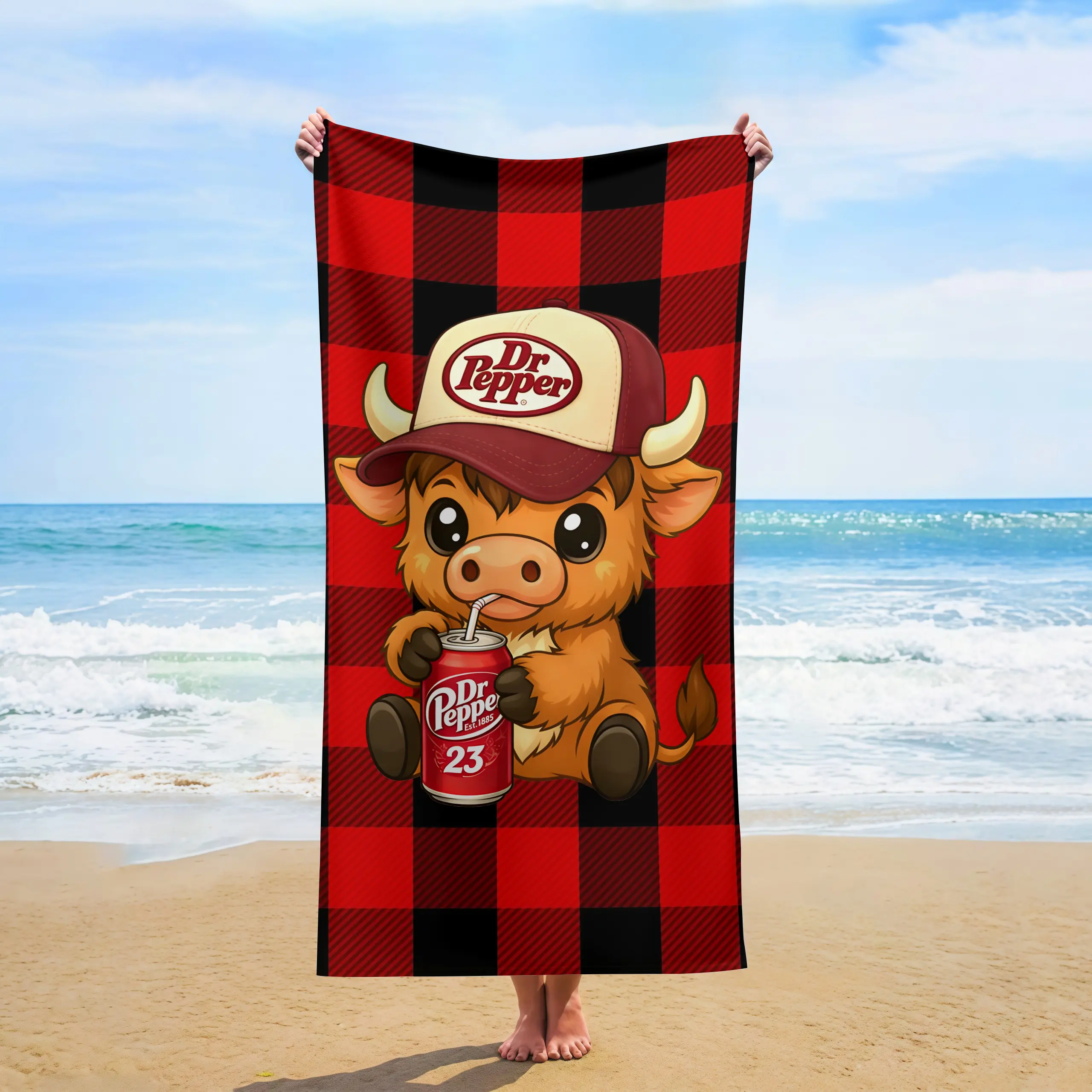 Quick Drying Bath Beach Towel, Cute Highland Cow Dr Pepper Buffalo Plaid All Over Print, Retro Country Soda Themed Summer Gift Towel, Quick Drying Towel