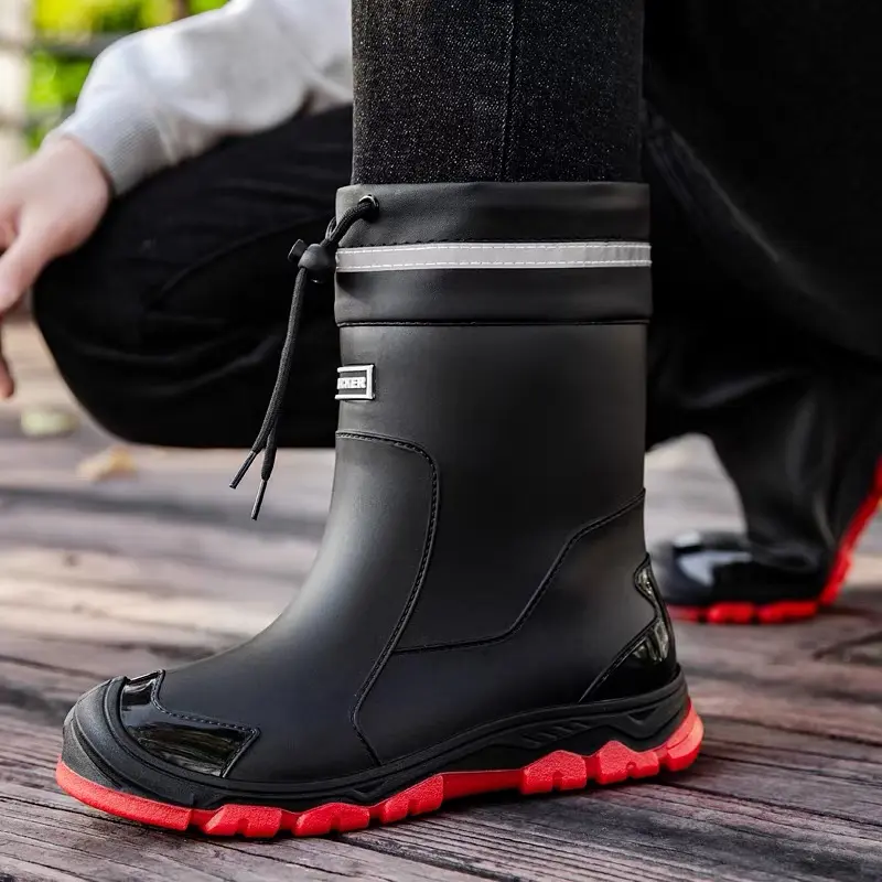 Unisex Mid-Calf Stylish Waterproof Rain Boots, Adjustable Drawstring Reflective Top Seal, Heavy Duty Non-Slip Rubber Mud Work Boots for Outdoor Daily Use