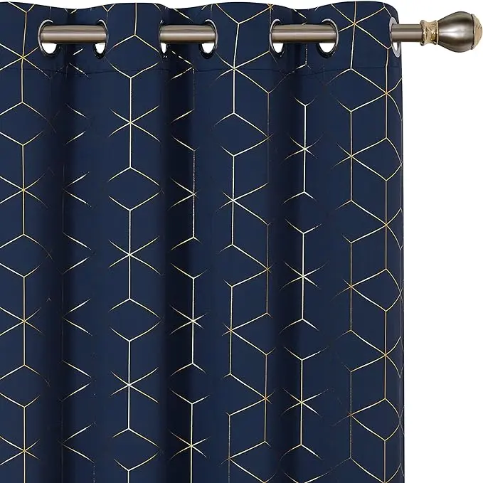 Deconovo Navy Blue Blackout Curtains (2 Panels, Golden Diamond Foil All-Over Print) - Thermal Insulated, Soundproof, Ceiling Mounted Drapes with Blackout Shade for Living Room, Bedroom Home Decor