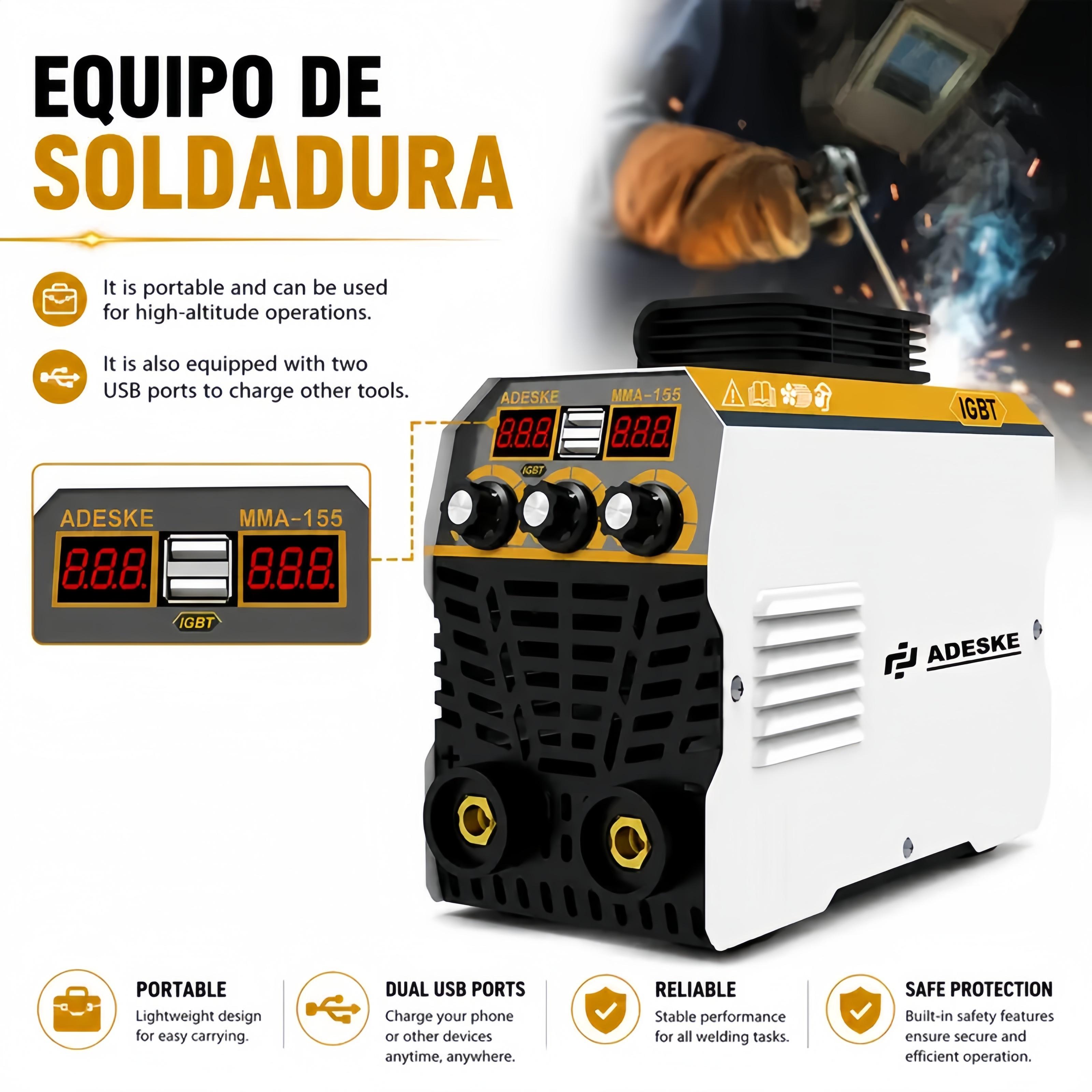 ADESKE MMA-155 Portable Welding Machine – Dual Voltage 110V/220V, 120A Output, Digital Display, Overload Protection, Complete Welding Kit for Home, Auto Repair & Construction ADESKE MMA-155 Portable Welding Machine – Dual Voltage 110V/220V, 120A Output, Digital Display, Overload Protection, Complete Welding Kit for Home, Auto Repair & Construction